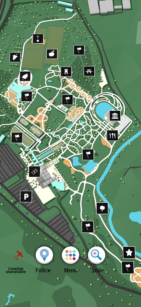 Wisley Gardens Interactive Map - Detailed 3D map view of Wisley Gardens showing paths landmarks and navigation icons