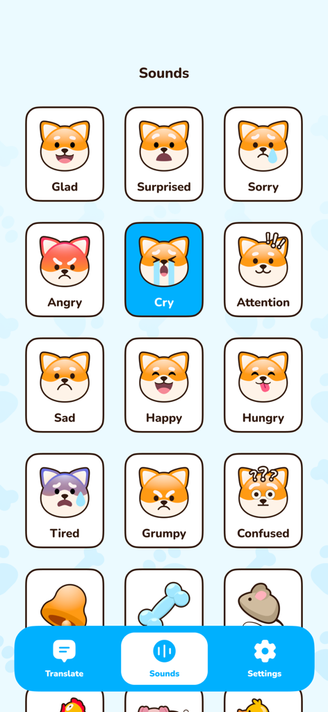 Mobile app interface displaying a library of dog emotion sounds with cute cartoon dog icons representing different moods like happy, angry, and hungry.