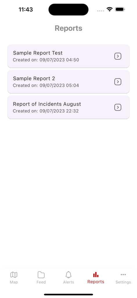Situational Awareness Mobile - A screenshot of the Reports screen in the Situational Awareness Mobile app showing a list of security incident reports with their creation dates.