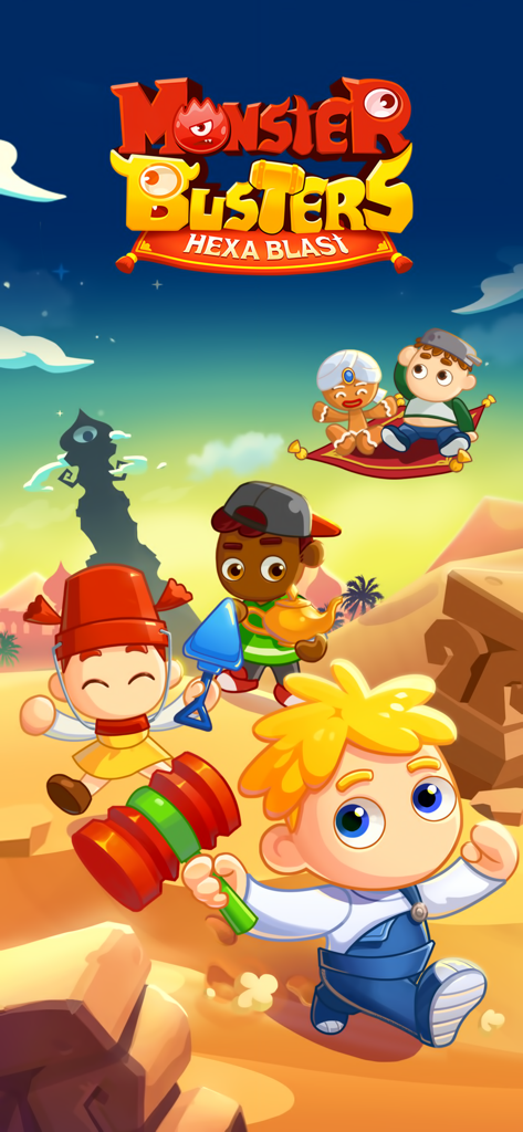 Monster Busters: Hexa Blast - Cartoon hero characters and gingerbread friends in an Arabian desert landscape from Monster Busters Hexa Blast