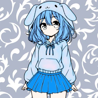 pretty anime girl wearing a fluffy hoodie with bunny ears on the hood and a skirt