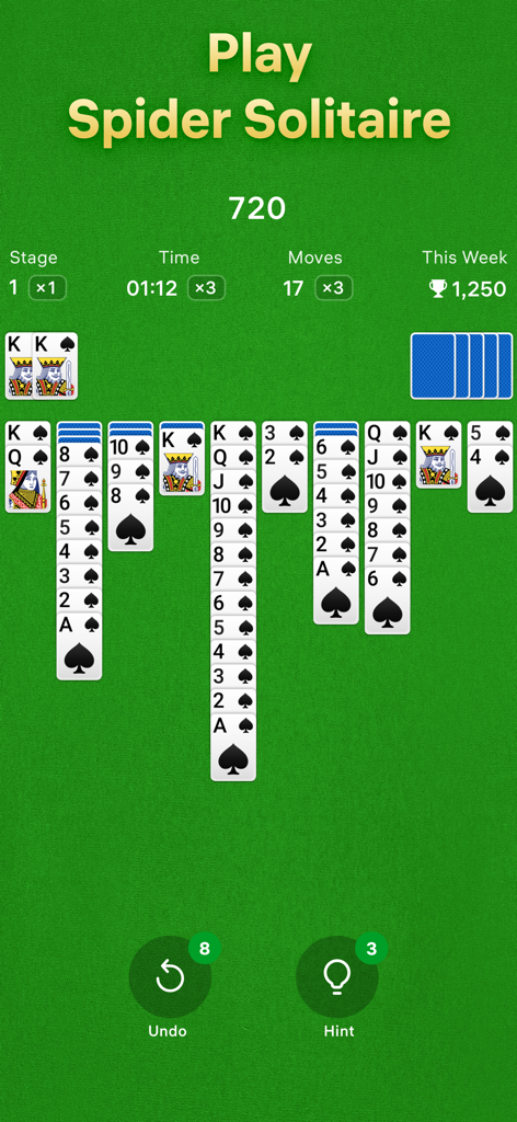 Spider Solitaire – Card Games - Interface du jeu de cartes Spider Solitaire sur fond vert