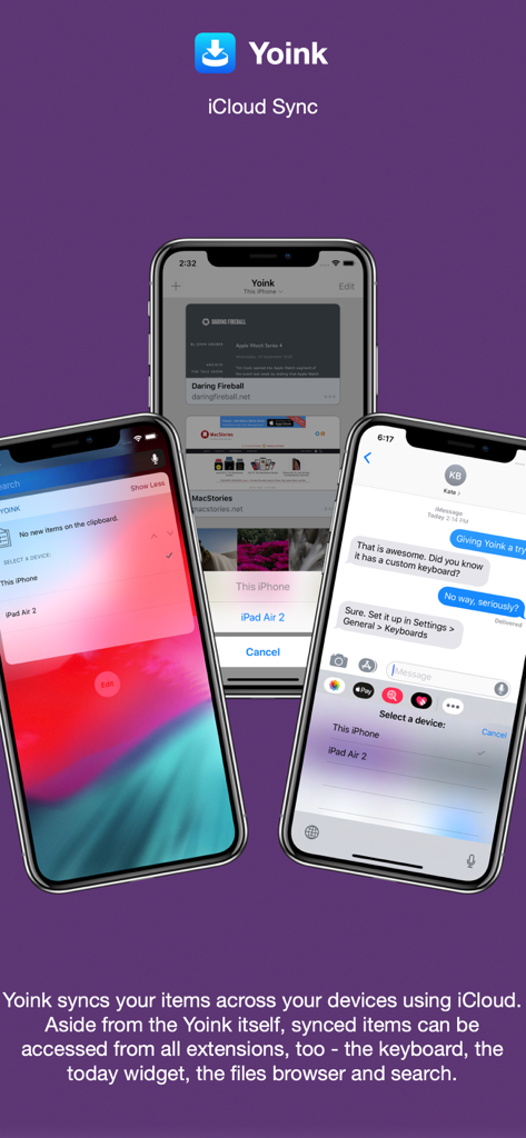 Yoinkアプリは、ウィジェットとカスタムキーボード統合を含むiPhone画面全体でのiCloud同期を示しています。