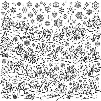 Get ready for a delightful winter adventure with this intricate coloring page featuring miniature snowmen. Each charming snowman is busy enjoying the snowy landscape, offering endless opportunities for creative coloring fun.