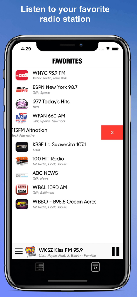 Radio USA : american radios FM - Interface of the Radio USA app showing a list of favorite stations like WNYC and ESPN