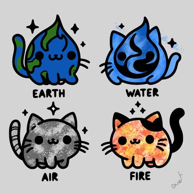 4 cats that represent the different elements, earth, water, air, and fire