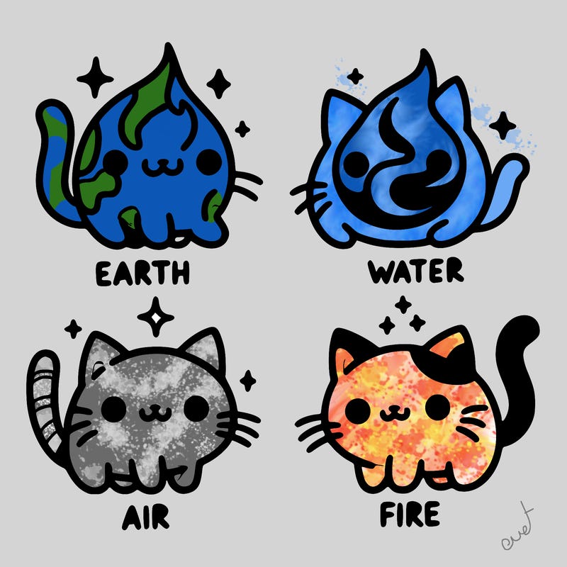 4 cats that represent the different elements, earth, water, air, and fire