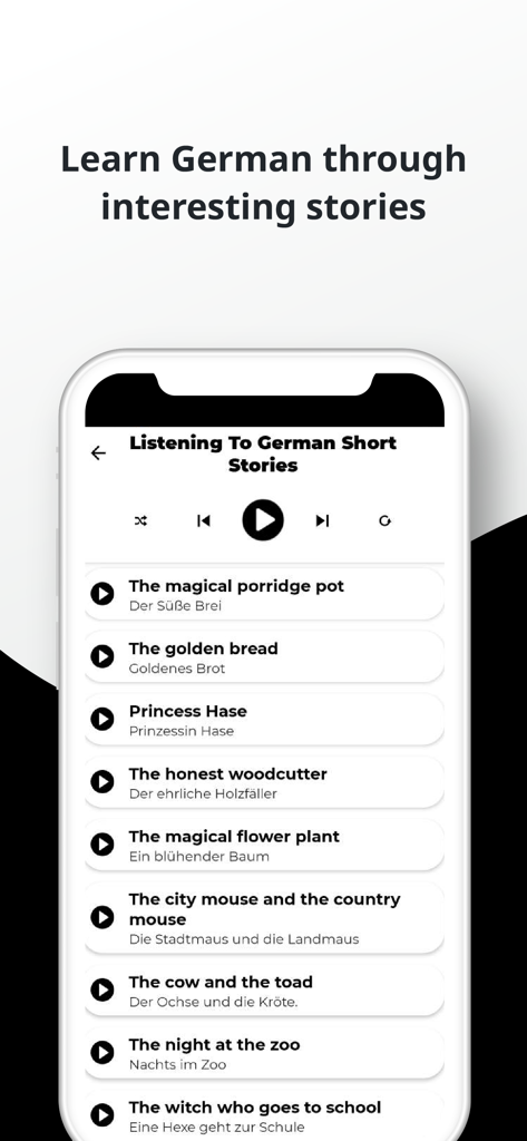 Interface d'une application mobile affichant une liste de nouvelles en allemand pour l'écoute et la pratique de la langue.