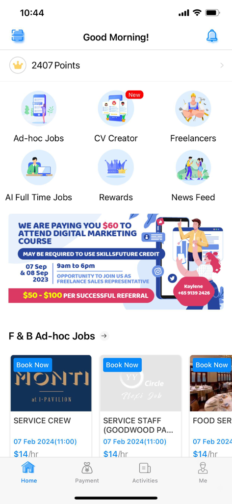 YY Circle - Get flexible jobs - Interfaz de la aplicación YY Circle mostrando categorías de trabajos flexibles y listados de personal de servicio