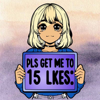 realistic girl holding up a sign that says “pls get me to 15 likes!”