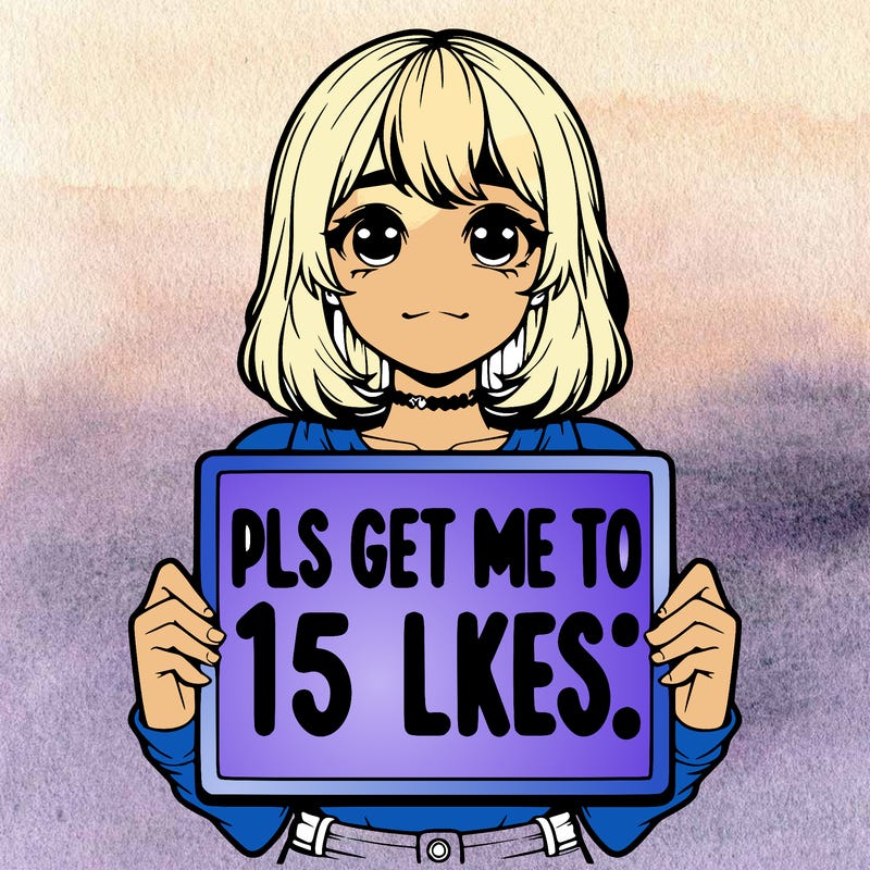 realistic girl holding up a sign that says “pls get me to 15 likes!”