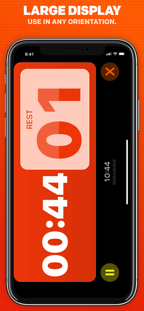 Boxing Timer Pro Round Timer - Boxing Timer Pro interface showing a large red countdown timer during a rest period in landscape mode