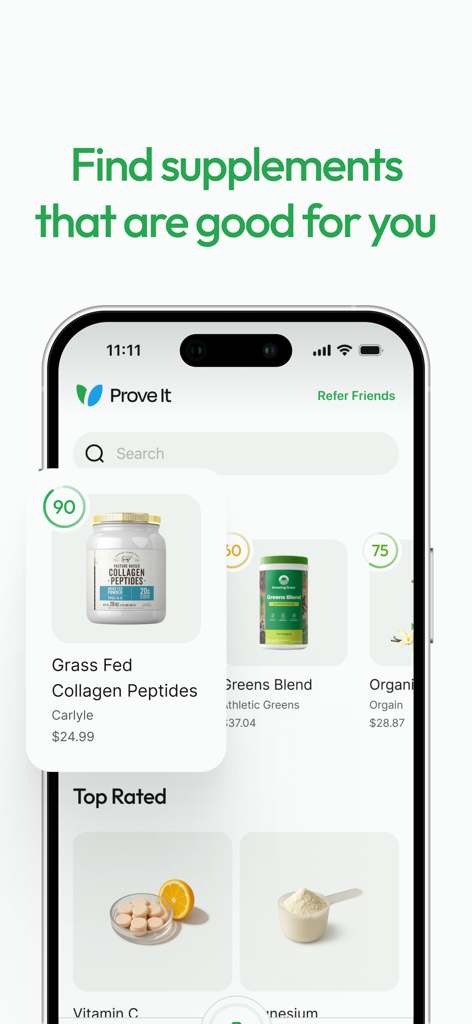 Prove It - Supplement Scanner - Oberfläche der Prove It-App mit Produktbewertungen für Nahrungsergänzungsmittel und einer Suchleiste