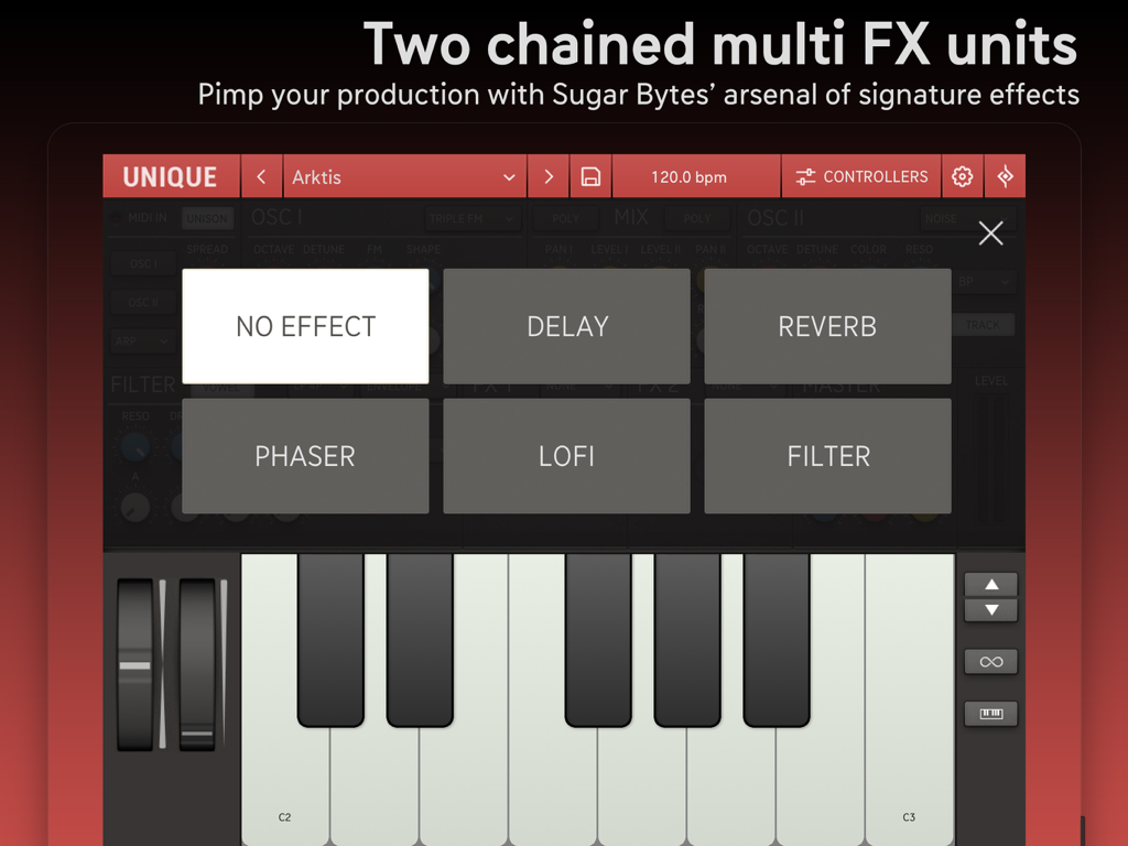 Oberfläche der Unique für iPad Analog-Synthesizer-App mit dem Menü zur Auswahl mehrerer Effekte mit Optionen für Delay, Reverb, Phaser und LoFi