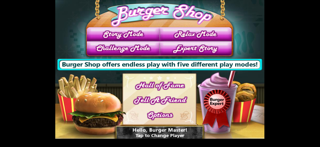 Burger Shop (No Ads) - La pantalla del menú principal de Burger Shop mostrando modos de juego como Historia y Modo Relax junto a ilustraciones de una hamburguesa, patatas fritas y un batido.