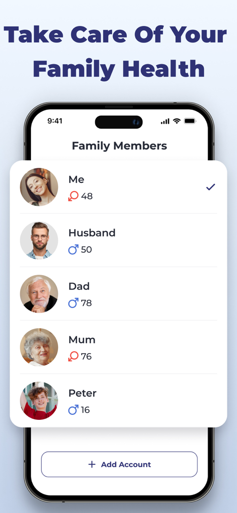 Smart Blood Pressure Monitor - Interface of the Smart Blood Pressure Monitor app showing family member profiles for consolidated health tracking