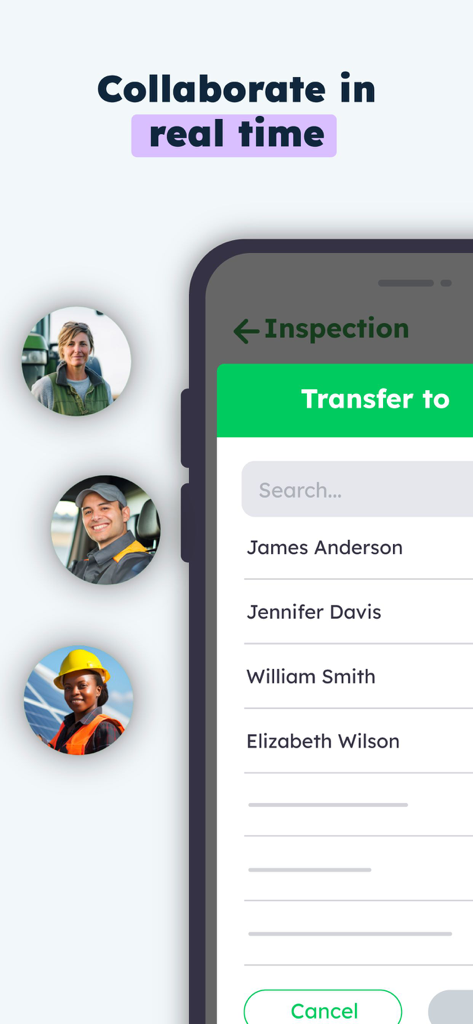 Kizeo Forms, Mobile forms - Pantalla móvil de Kizeo Forms que muestra colaboración en tiempo real y transferencia de formularios entre miembros del equipo de campo