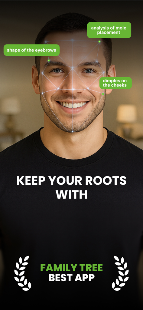 Man with digital facial analysis grid for family history exploration