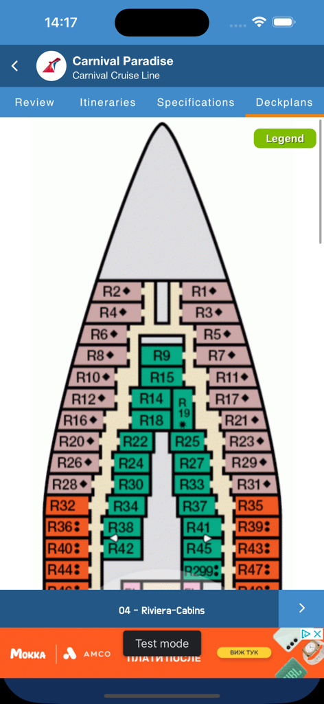 CruiseMapper - Carnival Paradise Riviera deck plan showing cabin layout in CruiseMapper