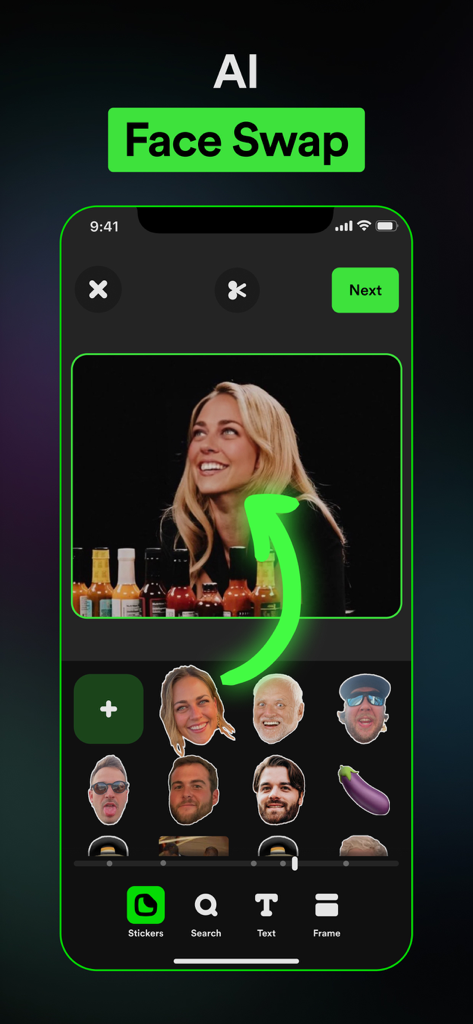 Piñata Farms app interface demonstrating AI face swap feature with a library of face stickers for meme creation