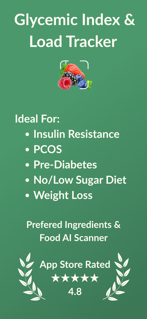 Glycemic Index Tracker LOGI - Features list for Logi Glycemic Index and Load Tracker showing health benefits and AI food scanner