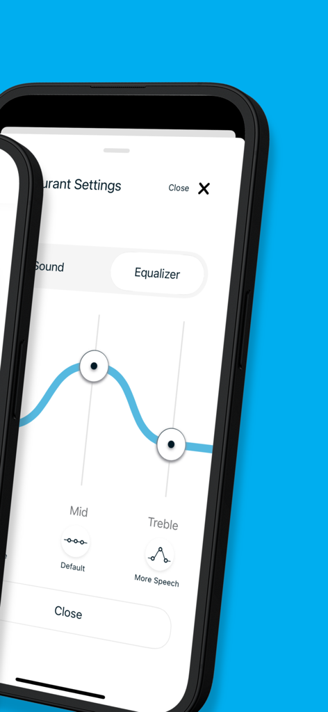 Unitron Remote Plus - Smartphone screen showing the Unitron Remote Plus app equalizer settings with adjustable sound frequencies for hearing aid personalization