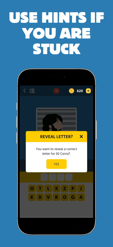 Um pop-up de dica em Adivinhe o Filme: Quiz de Imagens pedindo para revelar uma letra por cinquenta moedas.