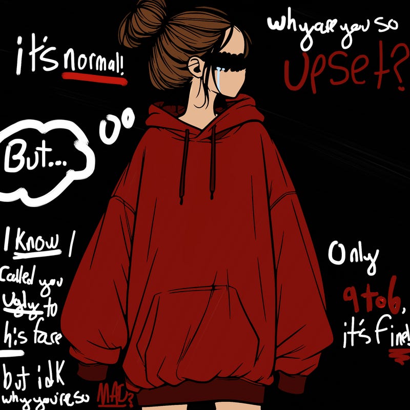 realistic girl with a oversized sweatshirt on and a bun