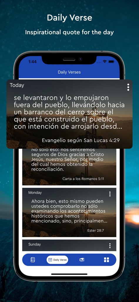 Reina Valera - The Holy Bible - Daily Verse feature in the Spanish Reina Valera Bible app showing inspirational scripture quotes
