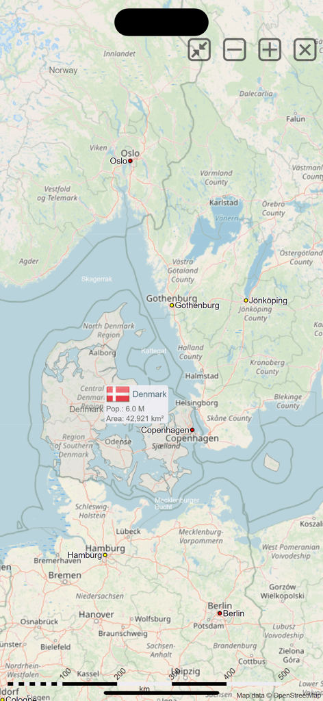World atlas & map MxGeo Pro - A detailed map of Northern Europe in the MxGeo Pro app featuring a popup with population and area data for Denmark