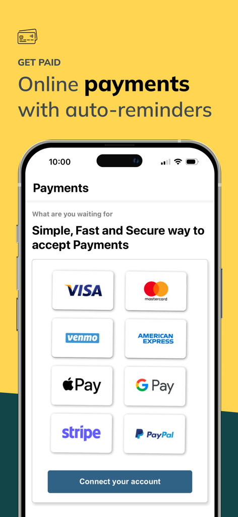 BestMate - Small Business App - BestMate app screen showing various online payment methods including Visa, PayPal, and Apple Pay with automated reminders.