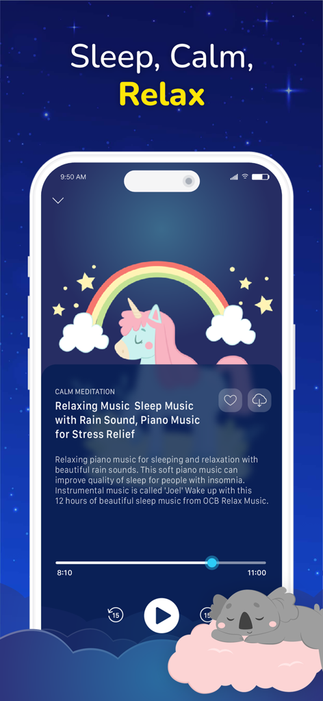 Meditation for Kids Sleep - Interface of the Meditation for Kids app showing a relaxing music player with a unicorn illustration and a sleeping koala mascot.