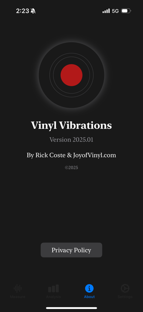 Vinyl Vibrations - La pantalla Acerca de de la aplicación Vinyl Vibrations que muestra información del desarrollador y el número de versión.