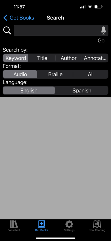 Pantalla de búsqueda de la aplicación BARD Mobile con filtros de tipo de búsqueda, formato e idioma