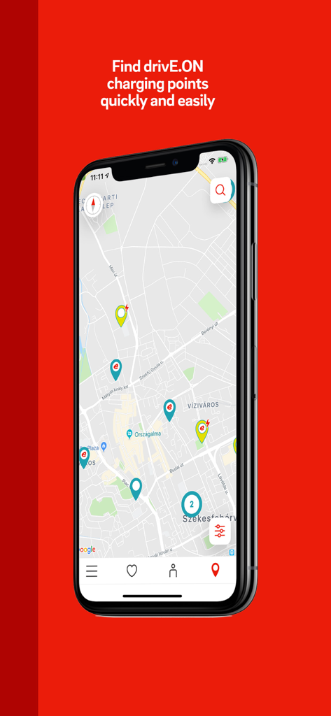 drivE.ON - Hungary - Map view of the drivE.ON app showing electric vehicle charging stations in Hungary