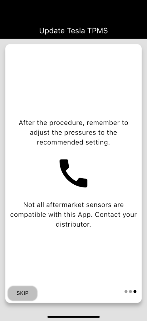 Update TPMS - Update Tesla TPMS app screen displaying instructions for tire pressure adjustment and a warning about aftermarket sensor compatibility