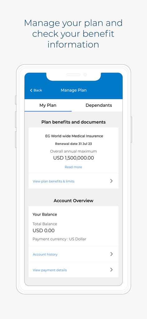 Bupa Global MembersWorld - Manage plan screen in the Bupa Global MembersWorld app showing medical insurance benefits and account balance details.