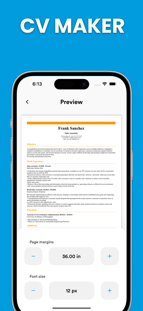Resume Builder - Rezuma - iPhone screenshot of Rezuma app showing a resume preview and formatting settings for margins and font size
