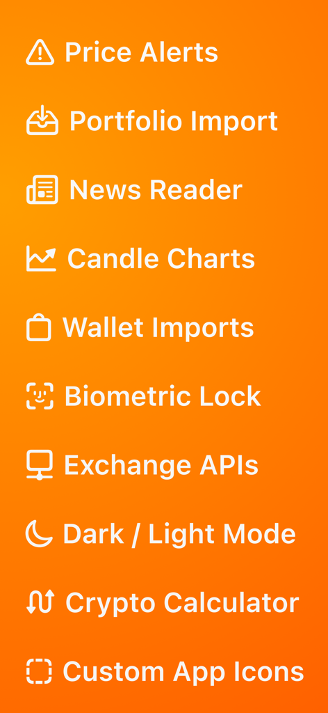 Crypto Pro: Live Coin Tracker - A vertical list of features for the Crypto Pro app including price alerts portfolio import and biometric lock on an orange background