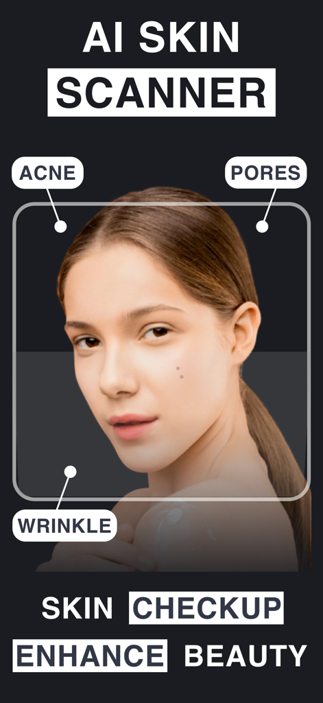 Skin Care Scanner : Ai Routine - AI skin scanner app interface showing a facial analysis for acne pores and wrinkles