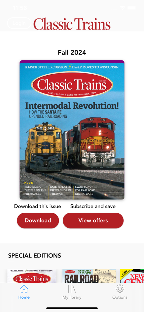 Classic Trains Magazine App-Startbildschirm mit dem Cover der Ausgabe Herbst 2024 mit Santa Fe Lokomotiven