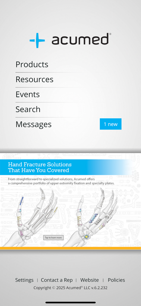 Acumed医療アプリのホーム画面。製品のナビゲーションメニューと、整形外科の手の骨折ソリューションを特集したバナーが表示されています。