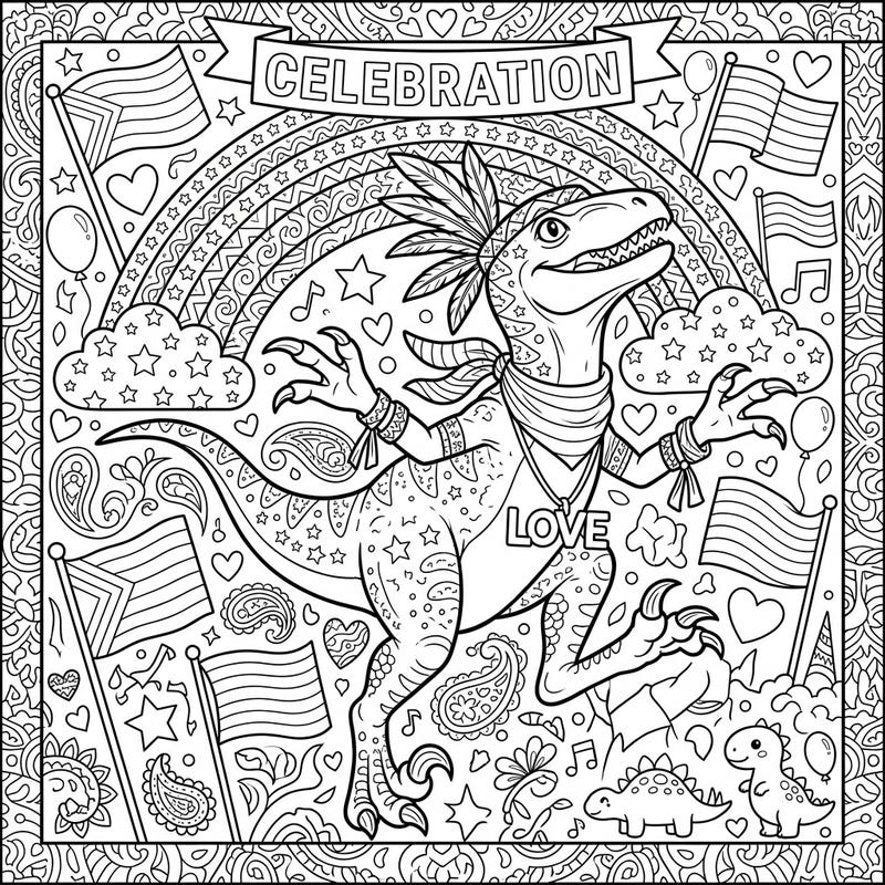 Unleash your creativity with this vibrant Velociraptor Pride coloring page, brimming with symbols of love and diversity. Perfect for celebrating unity and joy, this design offers a unique blend of prehistoric fun and festive spirit.