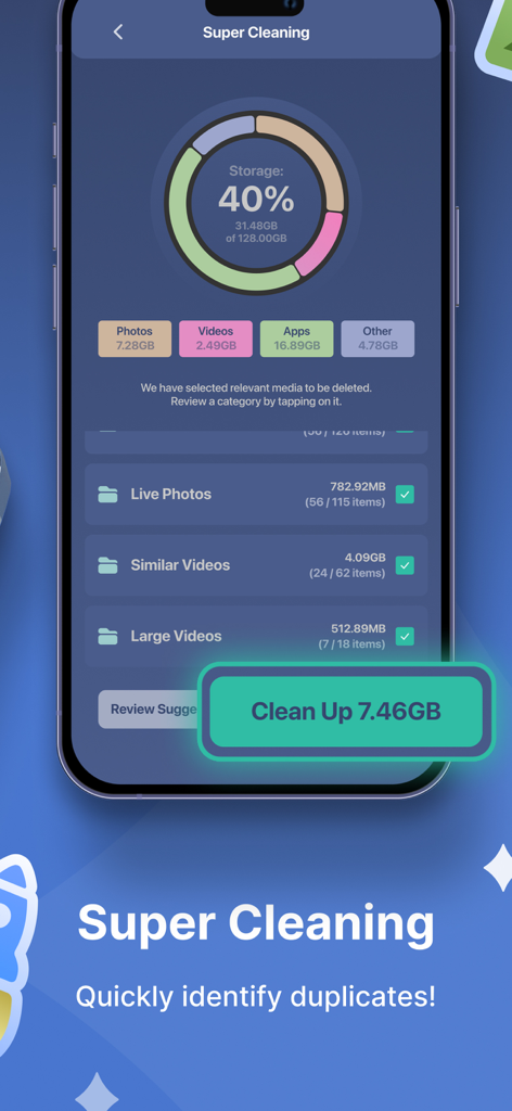 Super Smart Cleaner - Smartphone screen of Super Smart Cleaner showing storage usage and a button to clean up redundant media