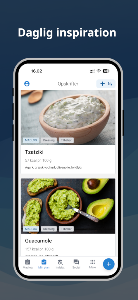 MADLOG - MADLOG app daily inspiration screen featuring healthy recipes with calorie details