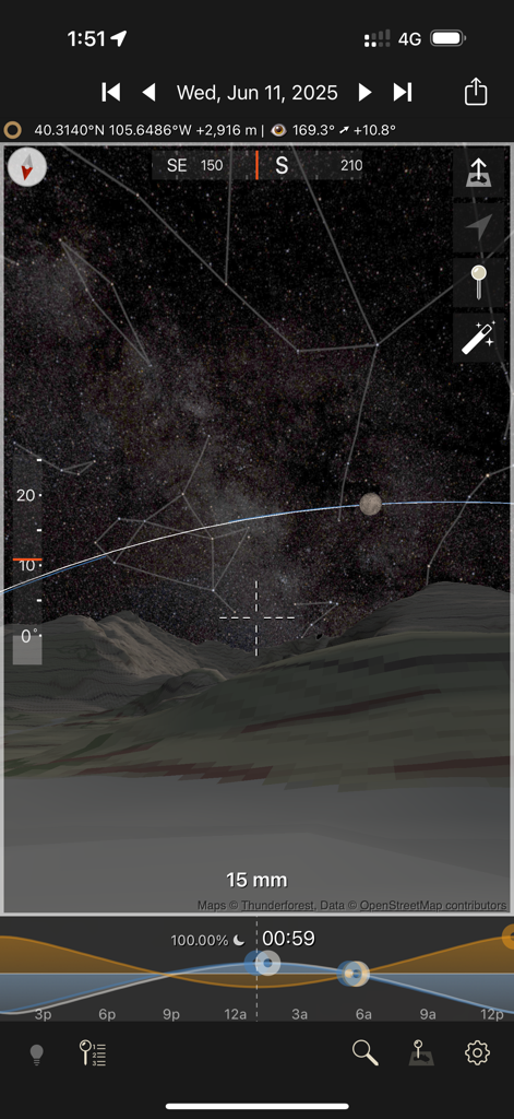 Photographer's Ephemeris 3D - A 3D simulation of the night sky showing the Milky Way and moon over mountain terrain for photography planning