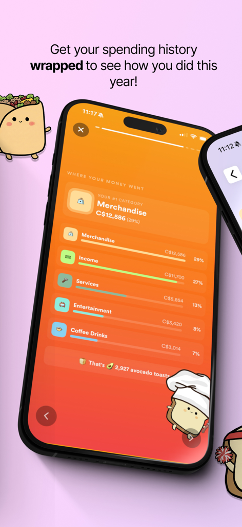 Una pantalla de resumen de gastos anual gamificado de la aplicación de rastreo de presupuesto Pan que muestra gastos categorizados y lindos personajes de pan