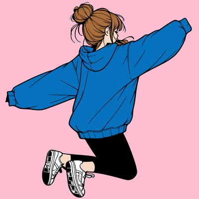 realistic girl jumping with a bun and oversized sweatshirt