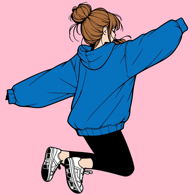 realistic girl jumping with a bun and oversized sweatshirt