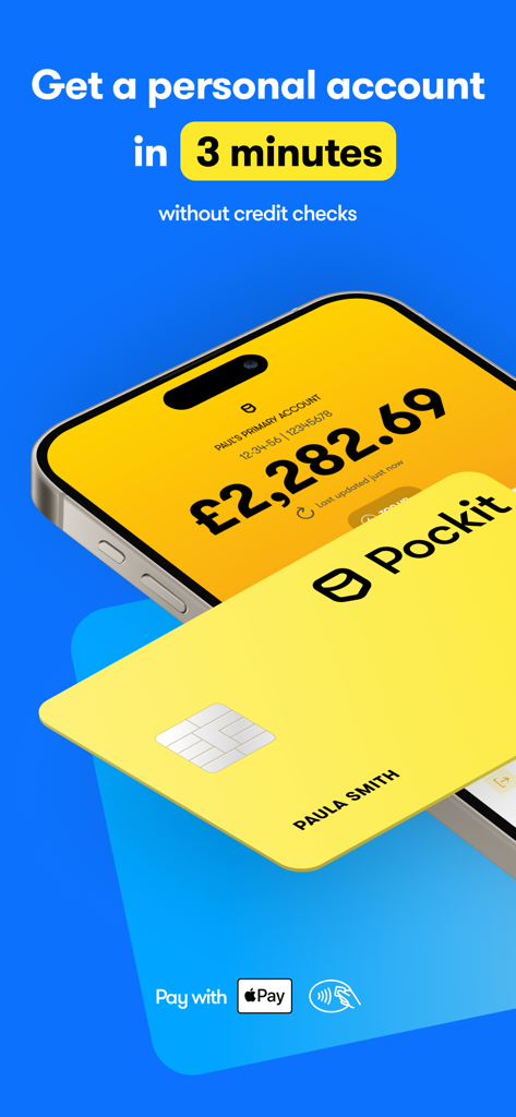 Pockit: Bank Card Alternative - Pantalla de la aplicación Pockit que muestra una configuración de cuenta de 3 minutos y una tarjeta prepaga amarilla